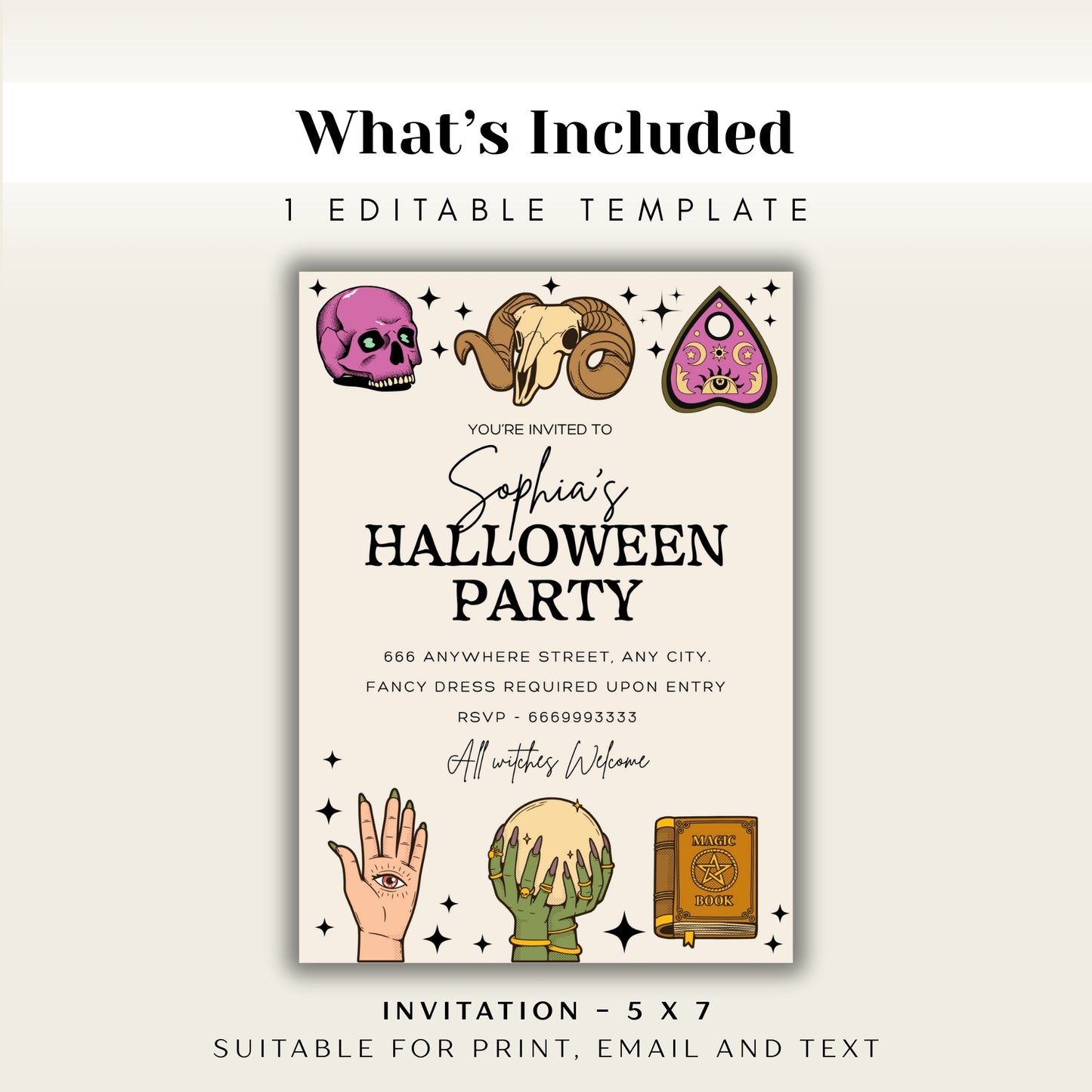 Witchy Halloween Party Invitation, All Witches Welcome, Mystical Party Invite, Editable Occult Theme, Printable Digital Download, Spiritual